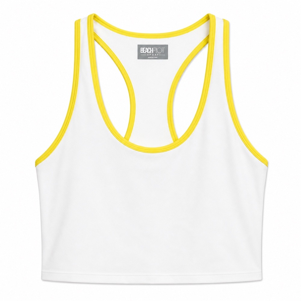 Beach Riot Sport Crop Tank White Yellow Trim Racerback Athletic Top Medium